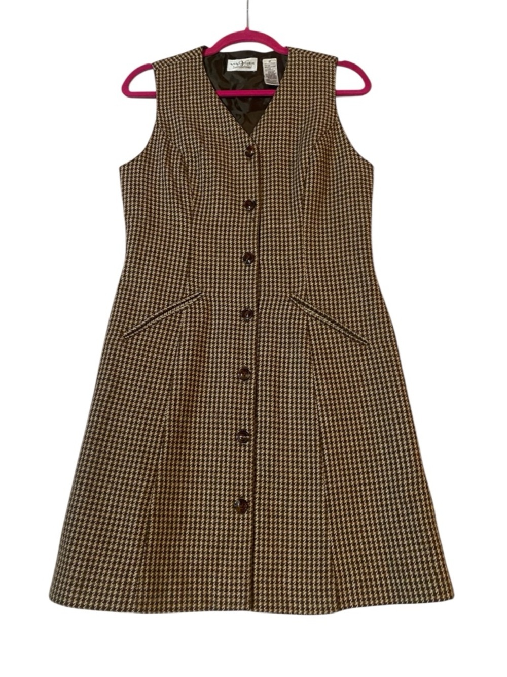 Vintage Liz Claiborne Sleeveless Button Up Houndstooth Plaid Dress Sz 6 Petite